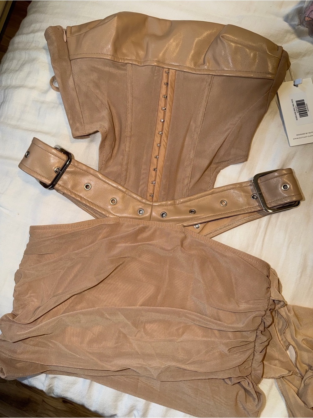 Beige Strapless Corset Mini Skirt Set with Waist Belt